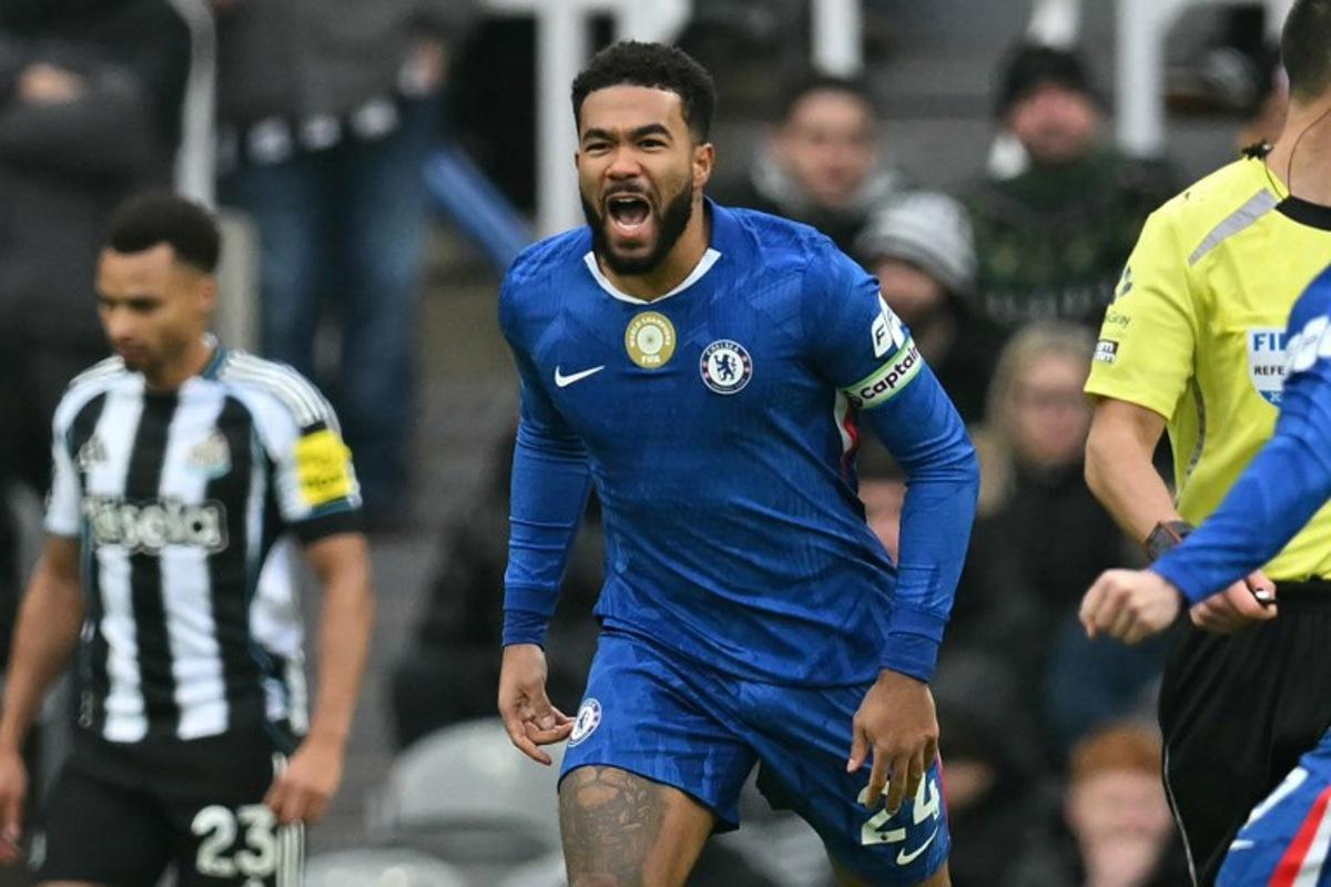Chelsea's English defender #24 Reece James celebrates after scoring their first goal during the English Premier League football match between Newcastle United and Chelsea at St James' Park in Newcastle-upon-Tyne, north east England on December 20, 2025.  ANDY BUCHANAN / AFP