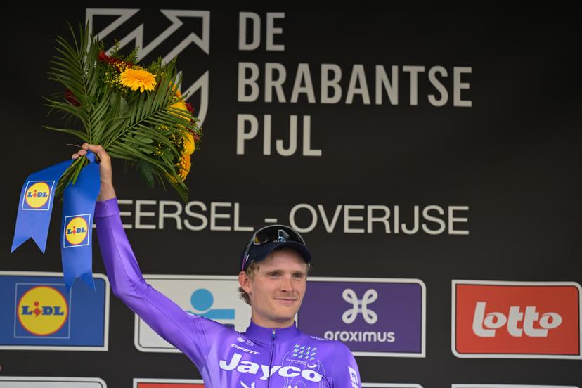 Danish Anders Foldager of Team Jayco-AIUIa celebrates on the podium after winning the men's 'Brabantse Pijl' one day cycling race, 162,6km from Huizingen, Beersel to Overijse on Friday 17 April 2026. BELGA PHOTO DAVID PINTENS