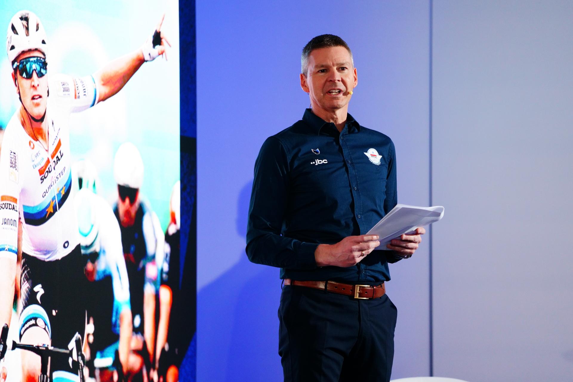 Soudal Quick-Step CEO Jurgen Fore pictured in action during the team presentation of the Soudal Quick-Step cycling team in Calpe, Spain, Thursday 08 January 2026. BELGA PHOTO JOMA GARCIA