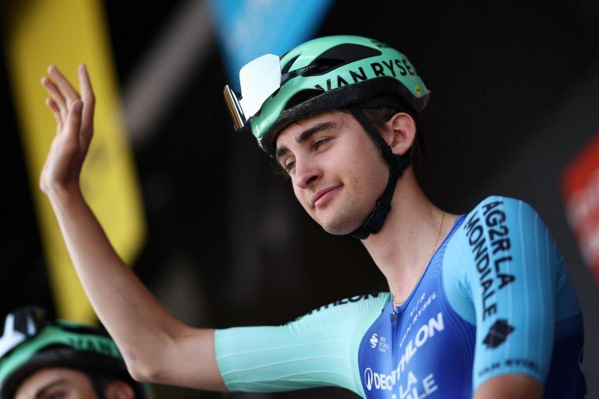 Decathlon AG2R La Mondiale Team's French rider Paul Seixas gestures prior to the 2nd stage of the 77th edition of the Criterium du Dauphine cycling race, 204,6 km between Prémilhat and Issoire, on June 9, 2025.  Anne-Christine POUJOULAT / AFP