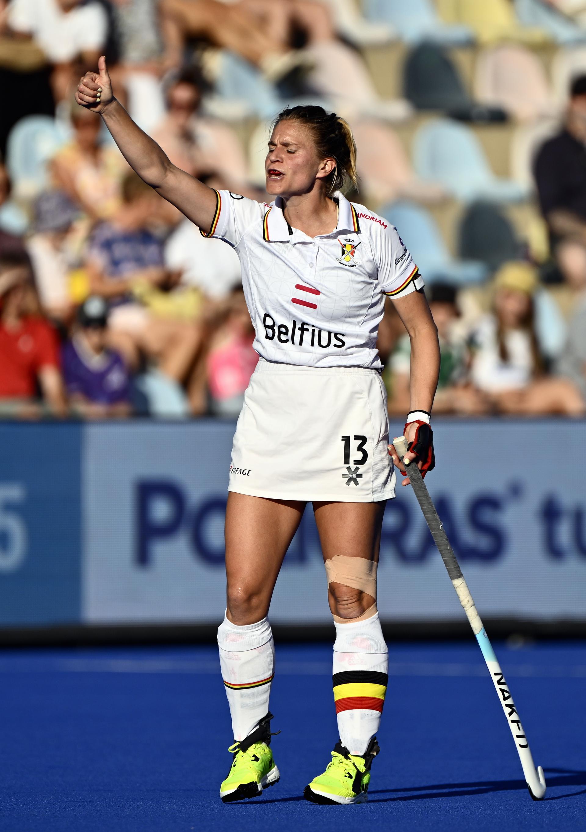 Belgium's Alix Gerniers reacts during a hockey game between England and the Belgian national team Red Panthers, match 2/3 in the pool stage of the 2025 women's European championships, Monday 11 August 2025 in Monchengladbach, Germany. BELGA PHOTO ERIC LALMAND