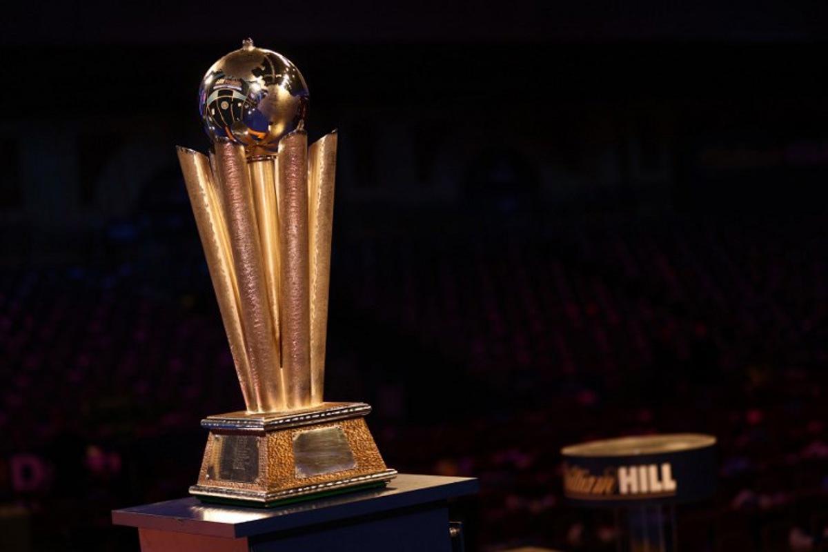 The Sid Waddell trophy, for the WIlliam Hill sponsored PDC World Championship is seen ahead of the PDC World Championship darts final between Scotland's Peter Wright and England's Michael Smith at Alexandra Palace in London on January 3, 2022.  Adrian DENNIS / AFP