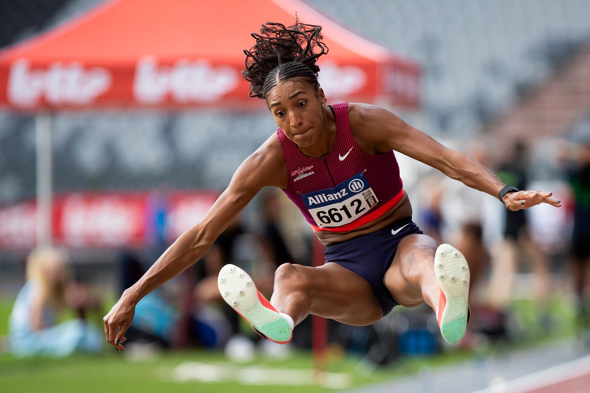 Belgian Nafissatou Nafi Thiam pictured in action during the long jump event, at the Belgian athletics championships, Saturday 02 August 2025 in Brussels. The Belgian championships take place from 2-3 August, 2025. BELGA PHOTO KRISTOF VAN ACCOM