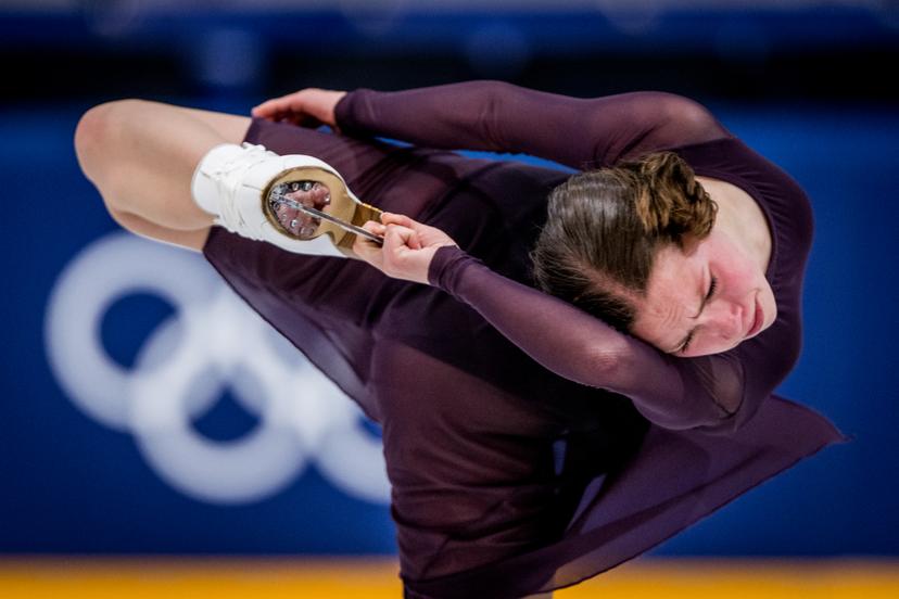 Belgian figure skater Nina Pinzarrone pictured in action during a training session at the Milano Cortina 2026 Olympic Winter Games, on Sunday 15 February 2026 in Milan, Italy. The XXV Winter Olympics take place from 6 to 22 February 2026 in Italy. BELGA PHOTO JASPER JACOBS