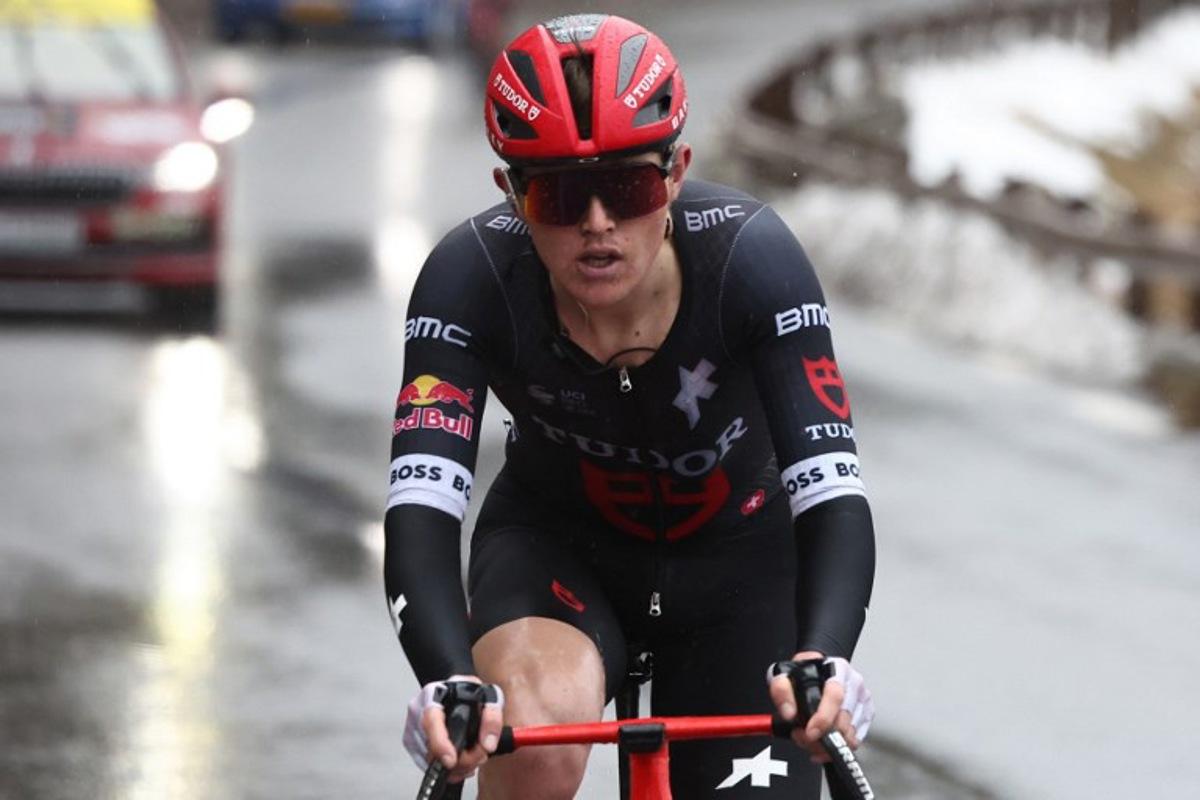 Tudor Pro Cycling Team's Australian rider Michael Storer cycles in a breakaway in the final kilometers of the 7th stage of the Paris-Nice cycling race, 109,3 km between Nice and Auron, on March 15, 2025.  Anne-Christine POUJOULAT / AFP
