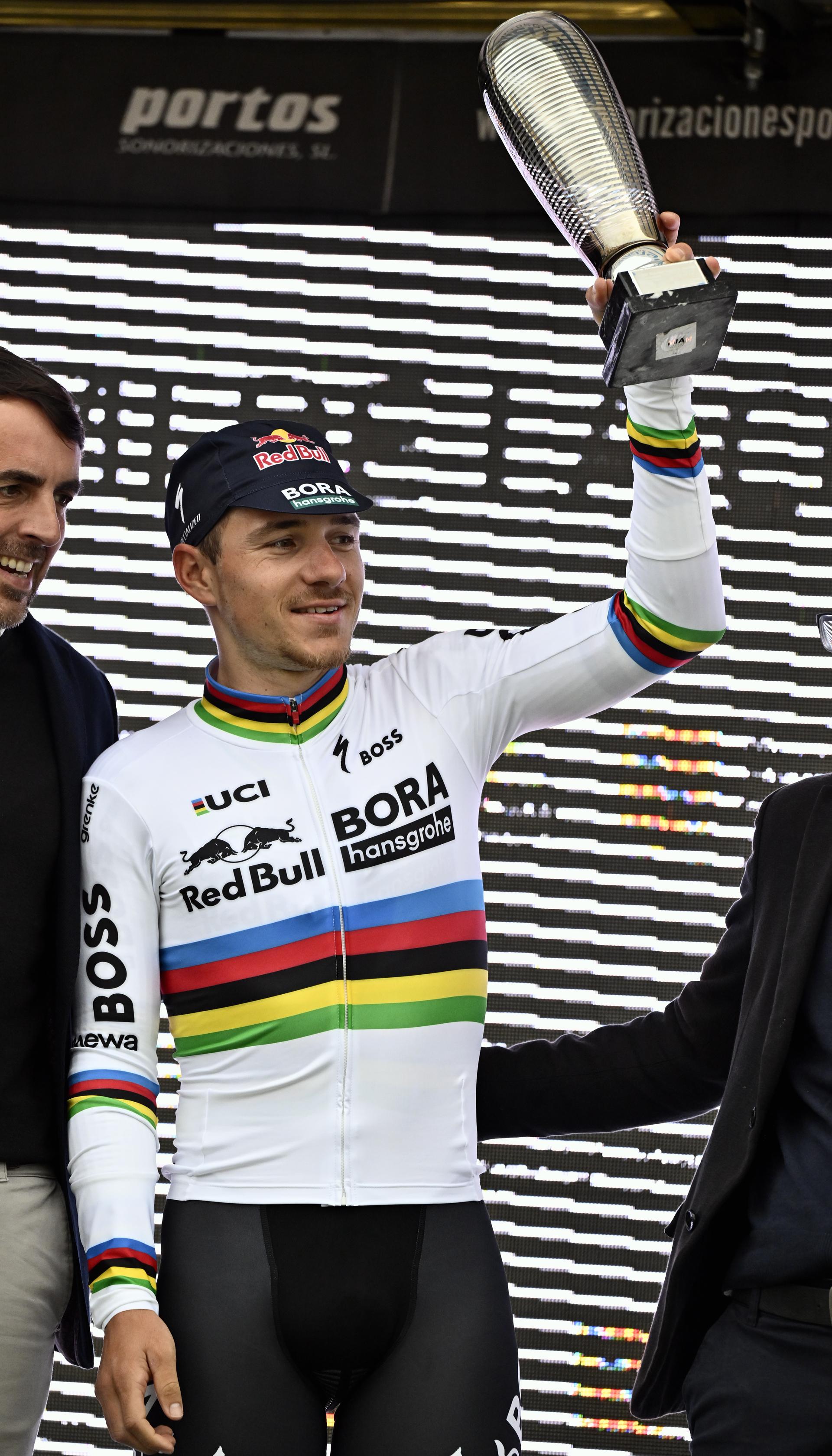Belgian Remco Evenepoel of Red Bull-BORA-hansgrohe pictured on the podium after winning the Team Time Trial of the Trofeo Ses Salines Challenge Mallorca cycling race, 23,8km in Colonia de Sant Jordi, Mallorca, Spain on Thursday 29 January 2026. Belgian Evenepoel is participating in the first race in the colors of his new team Red Bull-Bora-Hansgrohe. BELGA PHOTO ERIC LALMAND