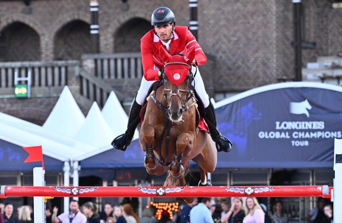 Belgium's Nicola Philippaerts on the horse H&M Luna van't Ruytershof Zcompetes during the Global Champions League 1,60m Round 2 Team Competition of the Longines Global Champions Tour at Stockholm's historic Olympic Stadium, Sweden, on June 29, 2024.  Claudio BRESCIANI / TT News Agency / AFP