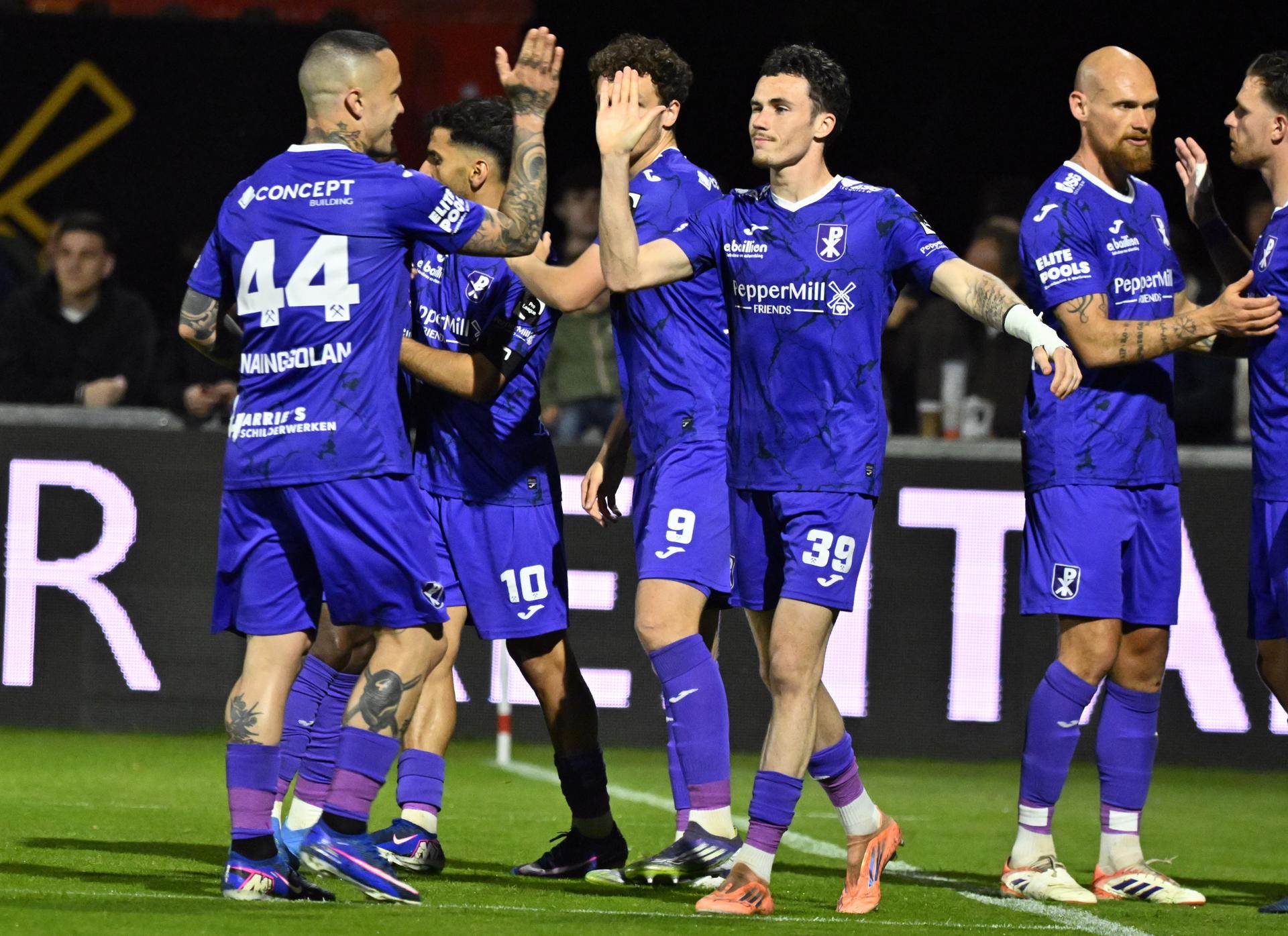 Patro Eisden's Radja Nainggolan and Patro Eisden's Milan Robberechts celebrate after scoring during a soccer game between Patro Eisden Maasmechelen and Royal Francs Borains, Friday 17 April 2026 in Maasmechelen, on day 34 of the 2025-2026 'Challenger Pro League' 1B second division of the Belgian championship. BELGA PHOTO ERIC LALMAND