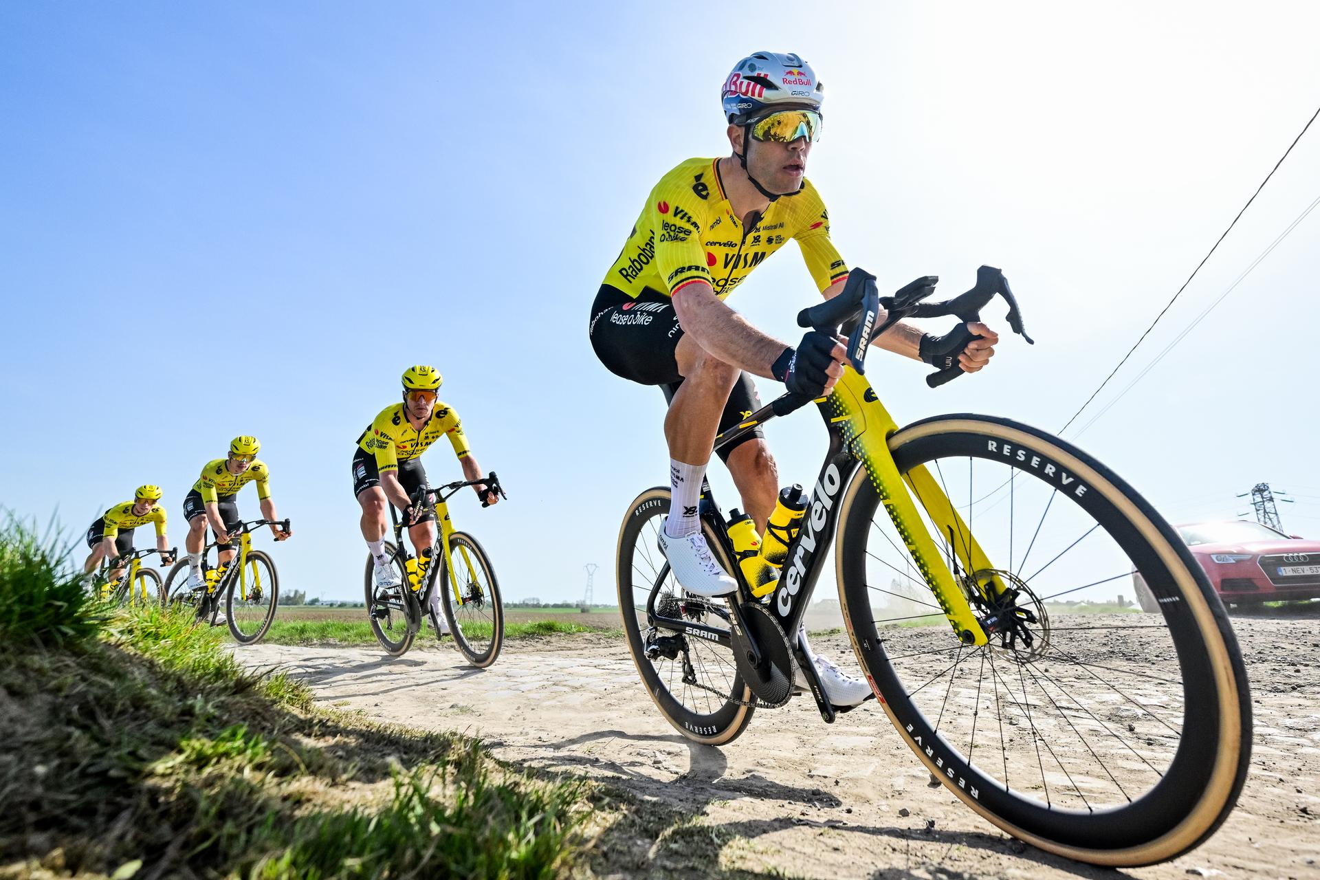 Belgian Wout van Aert of Team Visma-Lease a Bike pictured in action during the reconnaissance of the track ahead of this year's Paris-Roubaix cycling race, Thursday 09 April 2026, around Roubaix, France. The 123rd edition of Paris-Roubaix cycling races will take on Sunday, with the women riding 143,1 km the men riding 258,3 km on Sunday. BELGA PHOTO DIRK WAEM