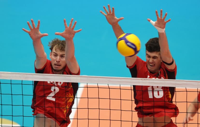 Belgium's Ferre Reggers and Belgium's Jasper Verhamme fight for the ball during a volleyball match between Belgium's national men's volleyball team, the Red Dragons, and the Azeri national men's volleyball team, in match 3/6 of the League Round of the European Golden League men, in Beveren, Friday 24 May 2024. BELGA PHOTO VIRGINIE LEFOUR