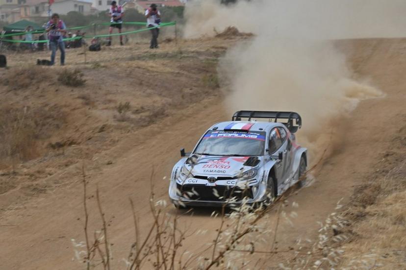 France's Sebastien Ogier and co-driver France's Vincent Landais steer their Toyota GR Yaris Rally1 Hybrid, during the shakedown in Cabu Abbas, near Olbia, in the 22nd edition of Rally of Sardegna in Italy, 6th round of the FIA World Rally Championship (WRC), on June 5, 2025.  Andreas SOLARO / AFP
