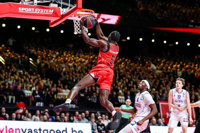 Antwerp's Enoch Cheeks and Mechelen's Mojeed Oluwatobi Ewuosho pictured in action during a basketball match between Antwerp Giants and Kangoeroes Mechelen, Friday 30 January 2026 in Antwerp, during the Night of the Giants event on matchday 18/34 in the 'BNXT League' Belgian/ Dutch first division basket championship. BELGA PHOTO TOM GOYVAERTS
