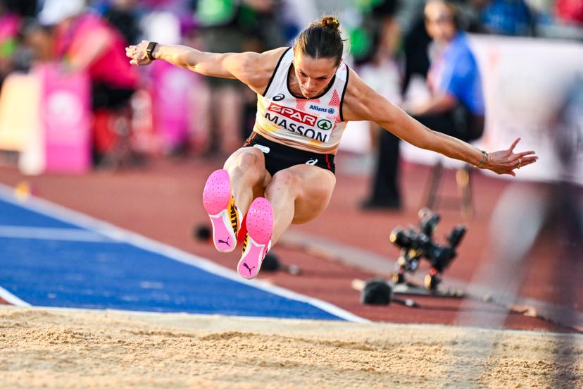 Belgian Ilona Masson pictured in action during the qualifications of the women's triple jump event at the European Athletics Championships (August 10-18) in Birmingham, United Kingdom, on Monday 10 August 2026. BELGA PHOTO ERIC LALMAND