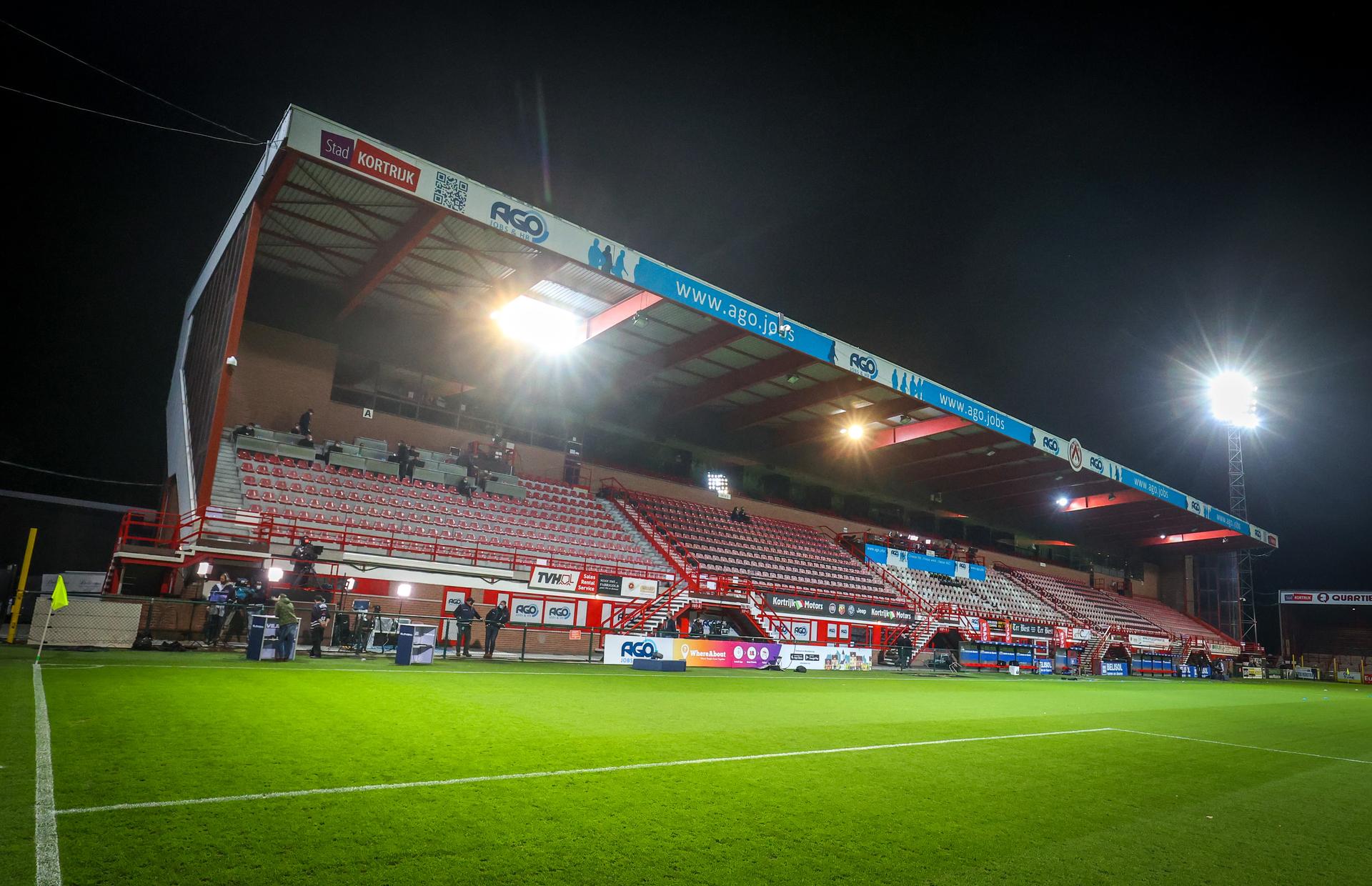 View on the empty tribune of Guldensporenstadion due to corona measures, before a soccer match between KV Kortrijk and RSCA Anderlecht, Friday 23 October 2020 in Kortrijk, on day 10 of the 'Jupiler Pro League' first division of the Belgian championship. BELGA PHOTO VIRGINIE LEFOUR