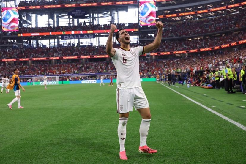 Spain's midfielder #06 Mikel Merino celebrates scoring his team's first goal during the 2026 World Cup round of 16 football match between Portugal and Spain at the Dallas Stadium in Arlington on July 6, 2026.  Thomas COEX / AFP