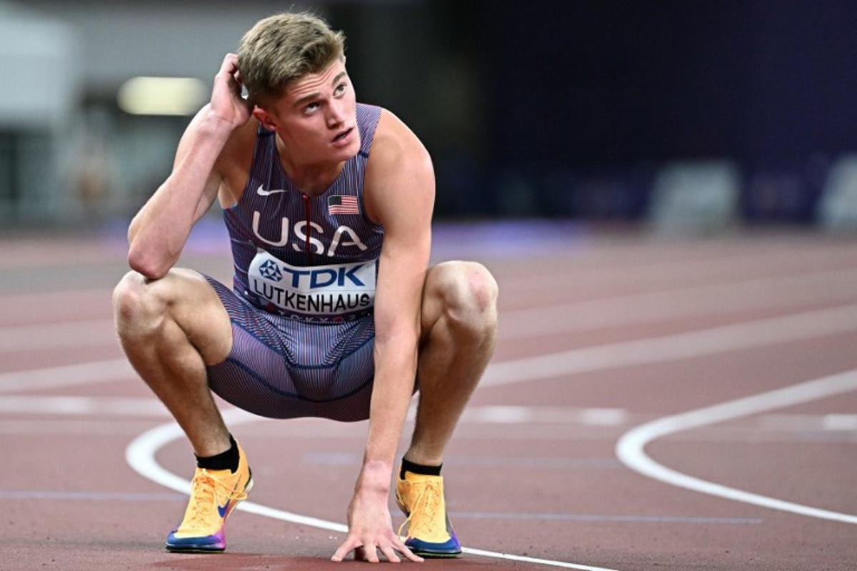 US' athlete Cooper Lutkenhaus reacts after competing in the men's 800m heats during the World Athletics Championships in Tokyo on September 16, 2025.  Jewel SAMAD / AFP