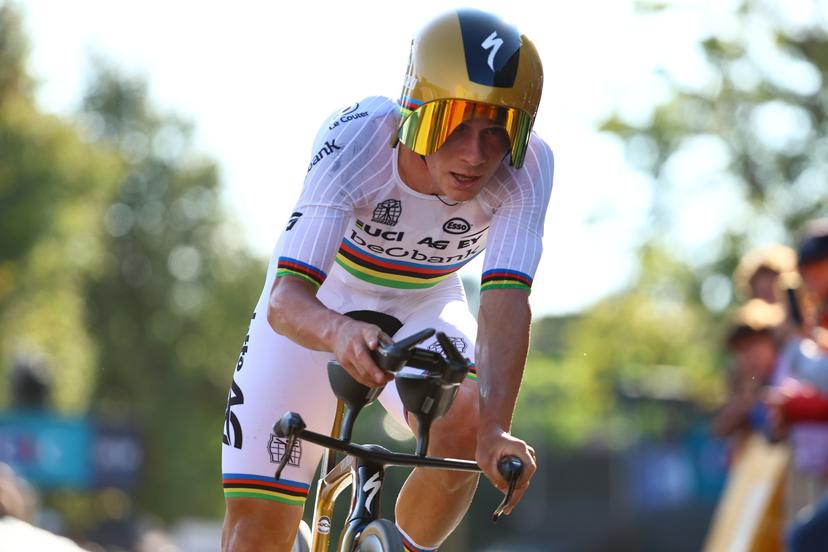 Belgian Remco Evenepoel pictured at the arrival as he wins the 24 km time trial of the Men Elite category at the UEC road European cycling championships, Wednesday 01 October 2025, in Loriol-sur-Drome, France. The European cycling championships Drome-Ardeche takes place from 1 to 5 October, France. BELGA PHOTO DAVID PINTENS