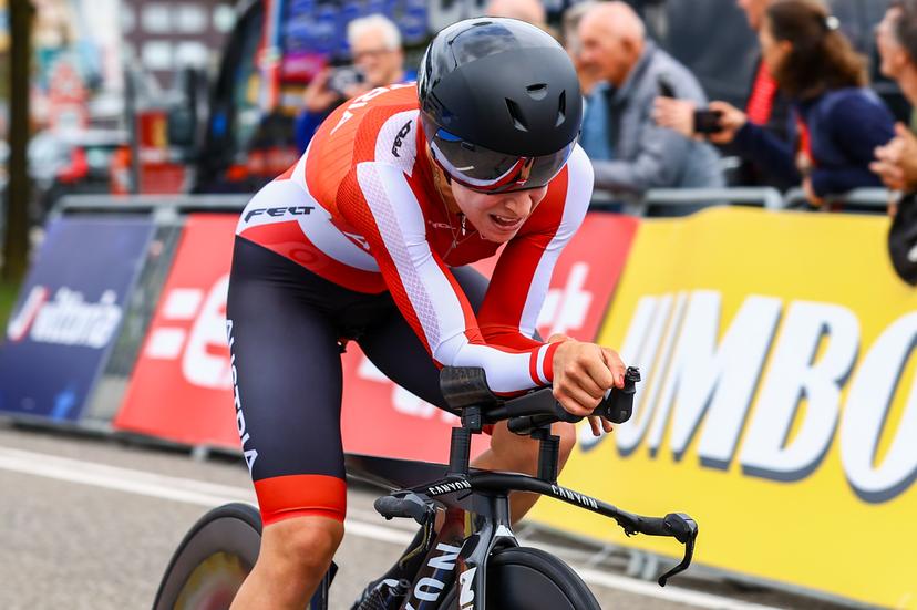 Austrian Christina Schweinberger of Fenix-Deceuninck pictured in action during the elite women individual time trial at the UEC Road European Championships, a 29,5km track in Emmen, The Netherlands, Wednesday 20 September 2023. The European cycling championships takes place from 20 to 24 september. BELGA PHOTO DAVID PINTENS