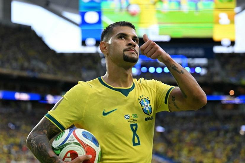 Brazil's midfielder #08 Bruno Guimaraes gestures during the 2026 World Cup Group C football match between Scotland and Brazil at the Miami Stadium in Miami Gardens on June 24, 2026.   CHANDAN KHANNA / AFP