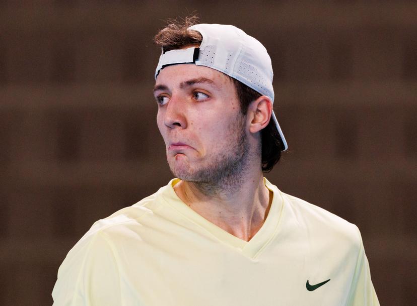 Belgian Tibo Colson looks dejected during a qualification game between Belgian Colson and German Squire in the men's singles at the BW Open ATP Challenger 125 tournament, in Louvain-la-Neuve, Monday 22 January 2024. THE BW Open takes place from 22 to 28 January. BELGA PHOTO BENOIT DOPPAGNE