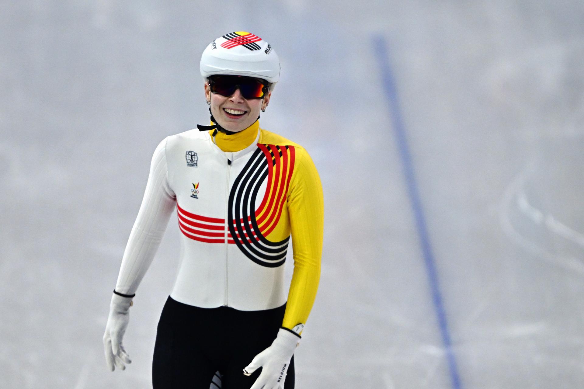 Belgian shorttrack skater Tineke den Dulk reacts after the quarterfinals of the women's 1500m Short Track Speed Skating, at the Milano Cortina 2026 Olympic Winter Games, on Thursday 12 February 2026 in Milan, Italy. The XXV Winter Olympics take place from 6 to 22 February 2026 in Italy. BELGA PHOTO JASPER JACOBS