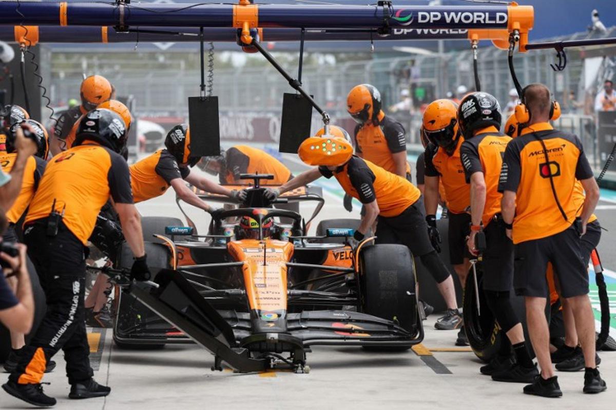 McLaren's Australian driver Oscar Piastri stops in pit lane during a practice session for the 2025 Miami Formula One Grand Prix at Miami International Autodrome in Miami Gardens, Florida, on May 2, 2025.   CHARLY TRIBALLEAU / AFP