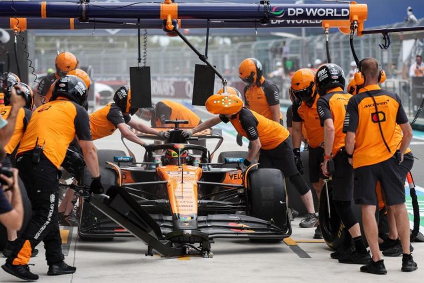 McLaren's Australian driver Oscar Piastri stops in pit lane during a practice session for the 2025 Miami Formula One Grand Prix at Miami International Autodrome in Miami Gardens, Florida, on May 2, 2025.   CHARLY TRIBALLEAU / AFP