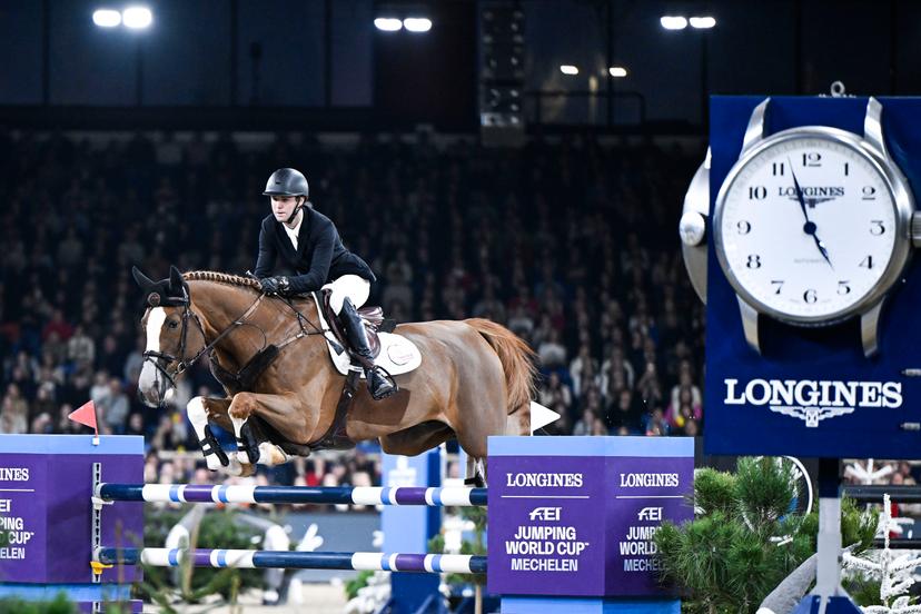 Belgian rider Gilles Thomas with Ermitage Kalone pictured in action during the FEI World Cup Jumping competition at the 'Vlaanderens Kerstjumping - Memorial Eric Wauters' equestrian event in Mechelen on Monday 30 December 2024. BELGA PHOTO TOM GOYVAERTS