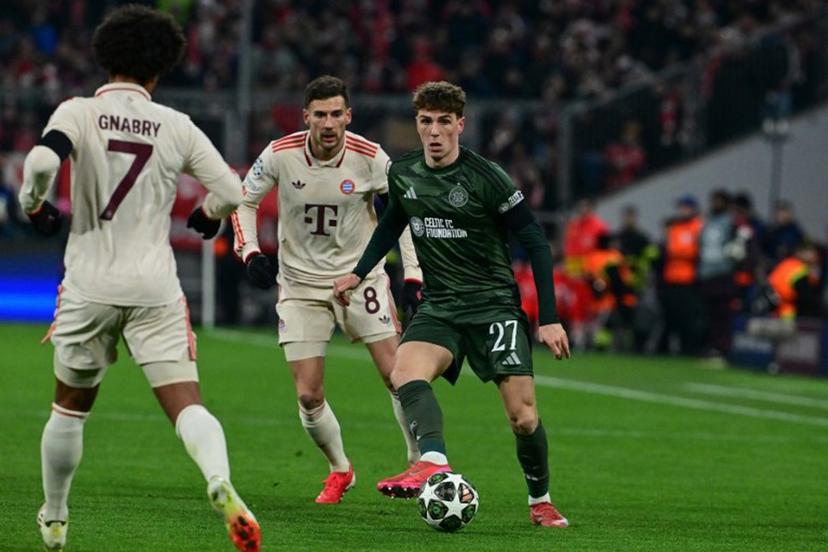 Celtic's Belgian midfielder #27 Arne Engels (R), Bayern Munich's German midfielder #08 Leon Goretzka and Bayern Munich's German forward #07 Serge Gnabry vie for the ball during the UEFA Champions League second-leg, knockout phase play-off match FC Bayern Munich vs Celtic on February 18, 2025 in Munich.  Tobias SCHWARZ / AFP