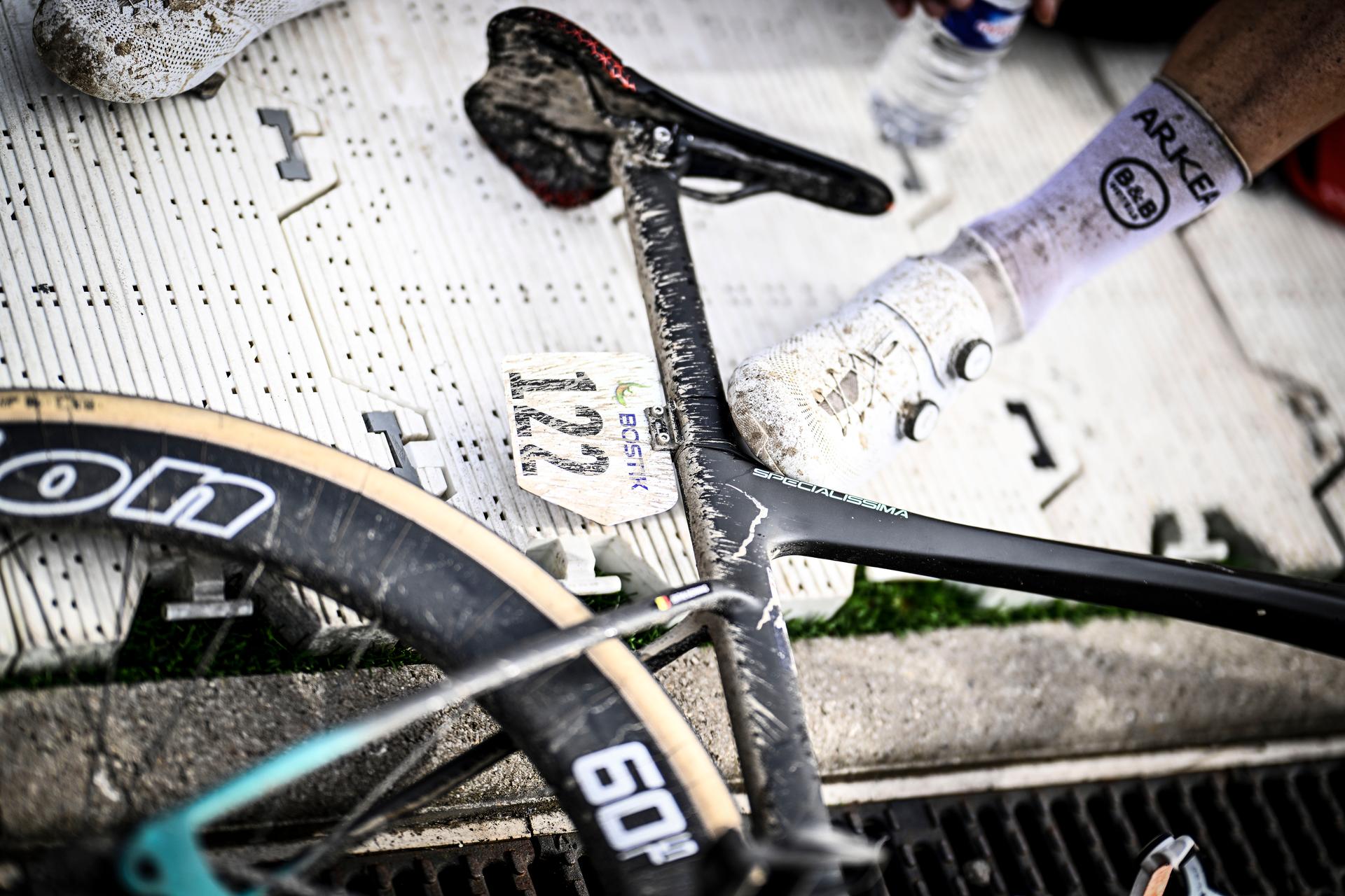 Illustration picture taken of the Bianchi bike of Belgian Jenthe Biermans of Arkea-BB Hotels after the men's elite race of the 'Paris-Roubaix' cycling event, 260,0km from Compiegne to Roubaix, France on Sunday 07 April 2024. BELGA PHOTO JASPER JACOBS