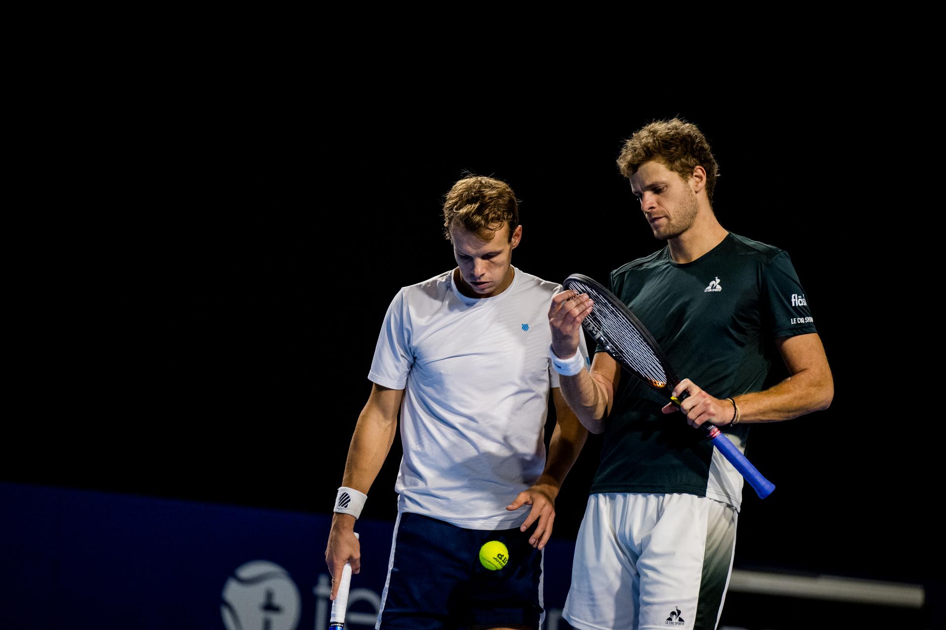 Belgian Michael Geerts and German Yannick Hanfmann pictured in action during a tennis match in the round of 16 of the doubles competition at the ATP European Open Tennis tournament in Antwerp, Tuesday 15 October 2024. BELGA PHOTO JASPER JACOBS