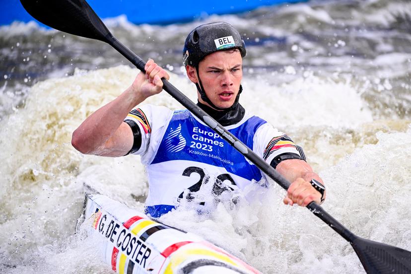 Canoe Slalom Athlete Gabriel De Coster pictured in action during the first run of the heats for the men's kayak slalom event, canoe slalom, during the European Games, in Krakow, Poland, Thursday 29 June 2023. The 3rd European Games, informally known as Krakow-Malopolska 2023, is a scheduled international sporting event that will be held from 21 June to 02 July 2023 in Krakow and Malopolska, Poland. BELGA PHOTO LAURIE DIEFFEMBACQ