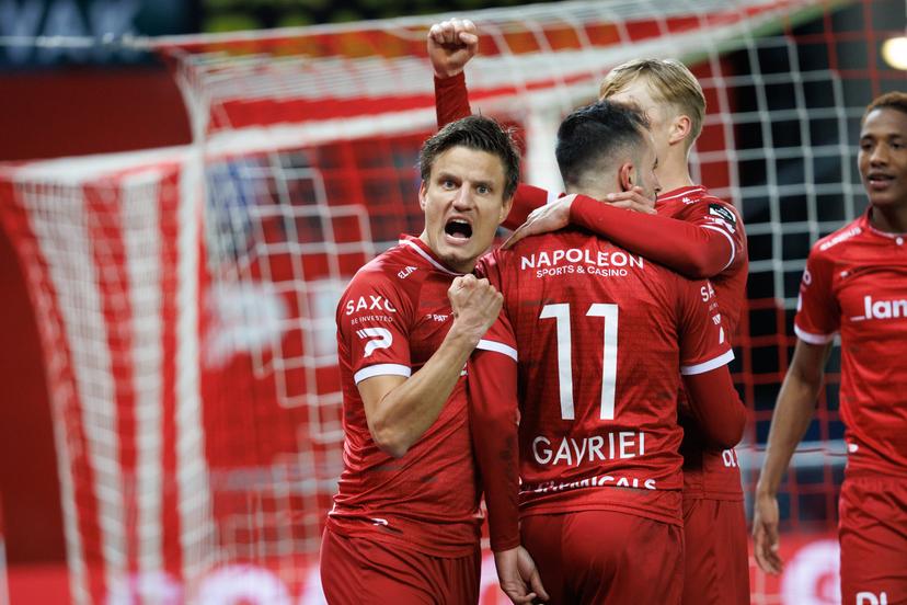 Essevee's Jelle Vossen and Essevee's Stavros Gavriel celebrate after scoring during a soccer match between Zulte Waregem and RSCA Futures, in Waregem, on day 27 of the 2024-2025 'Challenger Pro League' 1B second division of the Belgian championship, Saturday 29 March 2025. BELGA PHOTO KURT DESPLENTER