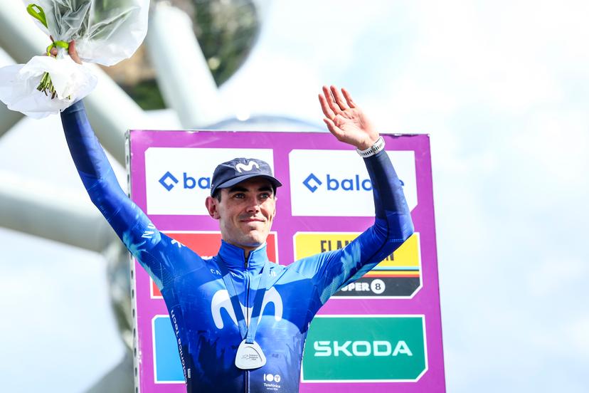 Alex Aranburu of Movistar Team pictured on the podium after the final stage of the Baloise Belgium Tour cycling race, 185,9km with start and finish in Brussels, on Sunday 16 June 2024. BELGA PHOTO DAVID PINTENS
