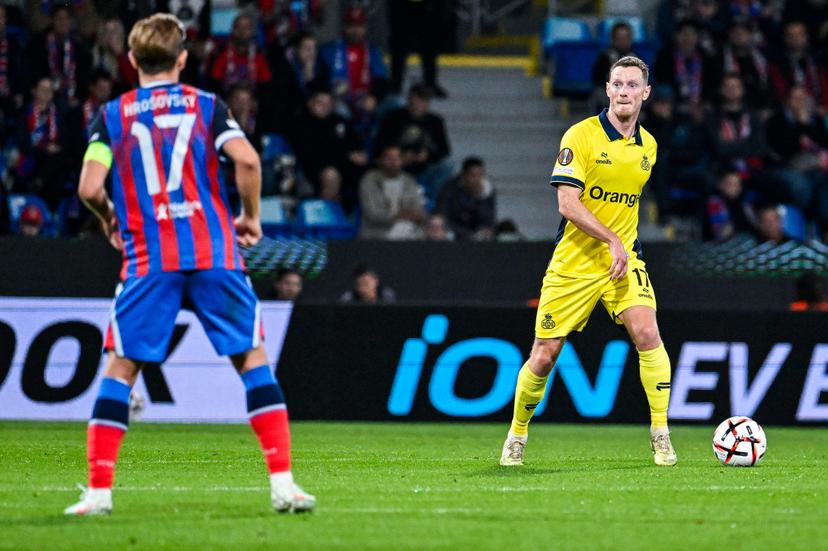 Union's Rob Schoofs pictured in action during a soccer game between Czech FC Viktoria Plzen and Belgian Royale Union Saint-Gilloise, Thursday 17 September 2026 in Plzen, Czech Republic, on the first day (out of 8) in the league phase of the UEFA Europa League competition. BELGA PHOTO TOM GOYVAERTS
