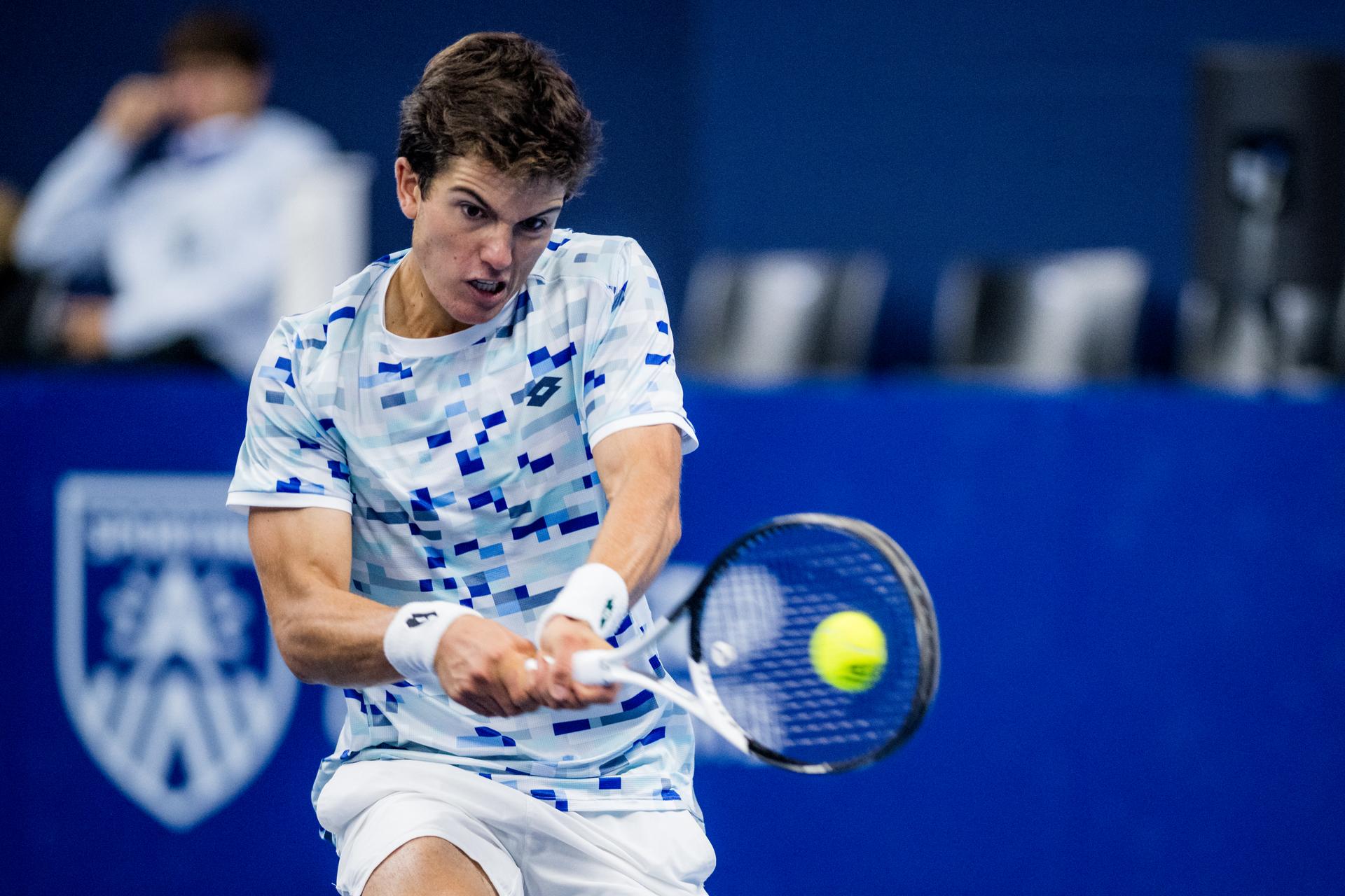 Belgian Gilles-Arnaud Bailly pictured in action during a tennis match in the qualification phase for the ATP European Open Tennis tournament in Antwerp, Monday 14 October 2024. BELGA PHOTO JASPER JACOBS