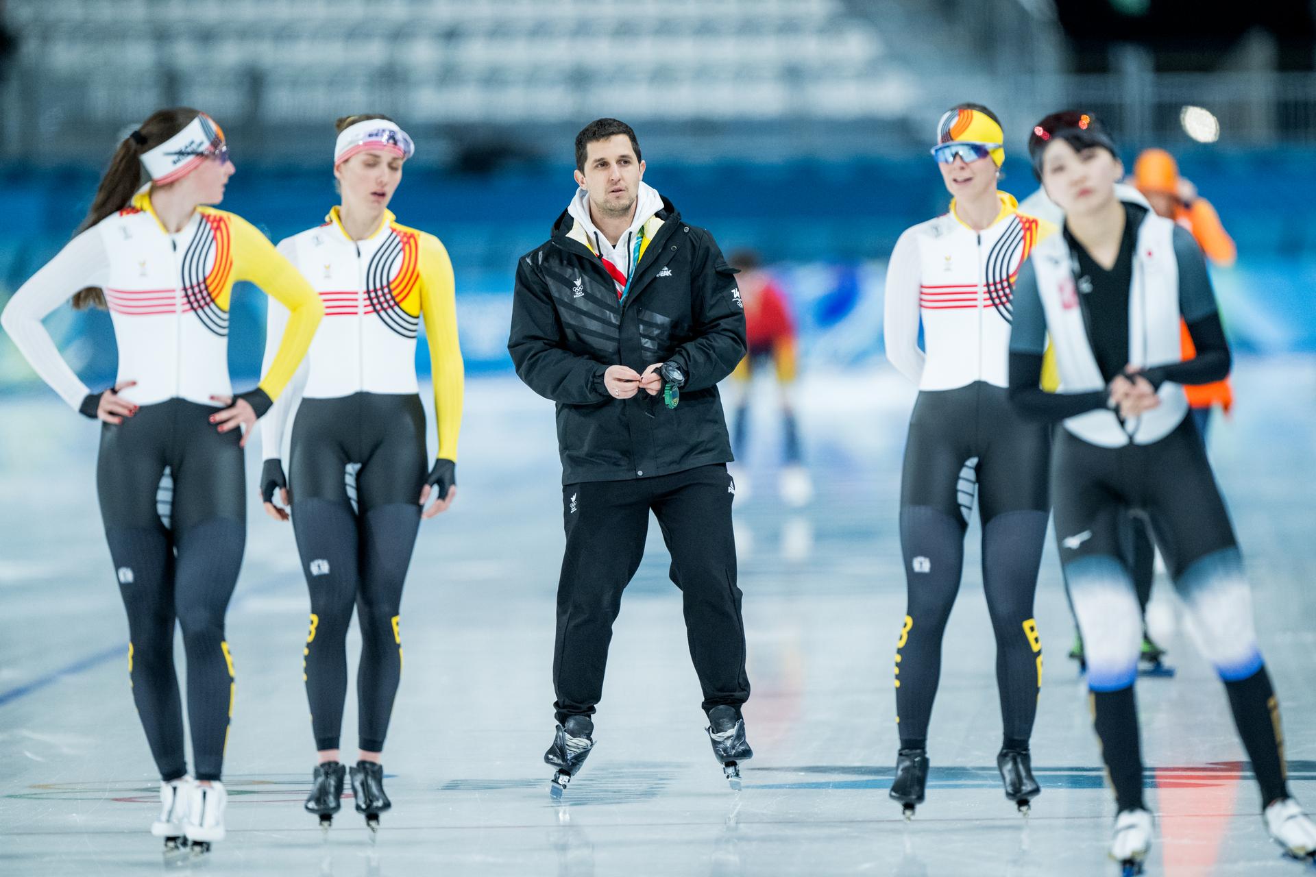 Belgian Fran Vanhoutte, Belgian speed skater Isabelle van Elst and Belgian speed skater Sandrine Tas pictured in action during a training session in preparation of the Milano Cortina 2026 Olympic Winter Games, on Tuesday 03 February 2026 in Milan, Italy. The Winter Olympics take place from 6 to 22 February 2026 in Italy. BELGA PHOTO JASPER JACOBS
