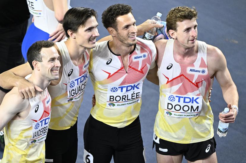 The Belgian Tornados with Robin Vanderbemden, Christian Iguacel, Dylan Borlee, Alexander Doom pictured after the series of the men's 4x400m relay on and   the third day of the World Athletics Indoor Championship in Torun, Poland on Sunday 22 March 2026. The championships take place from 20 to 22 March. BELGA PHOTO JASPER JACOBS