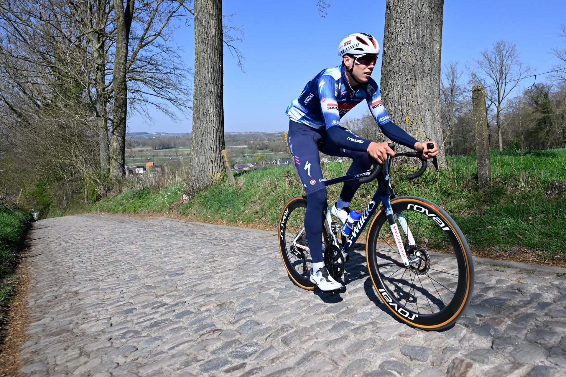French Paul Magnier of Soudal Quick-Step pictured during a track reconaissance ahead of the Ronde van Vlaanderen/ Tour des Flandres/ Tour of Flanders cycling race, Thursday 03 April 2025. The 109th edition of the cycling race will take place on Sunday 06 April.  BELGA PHOTO DIRK WAEM