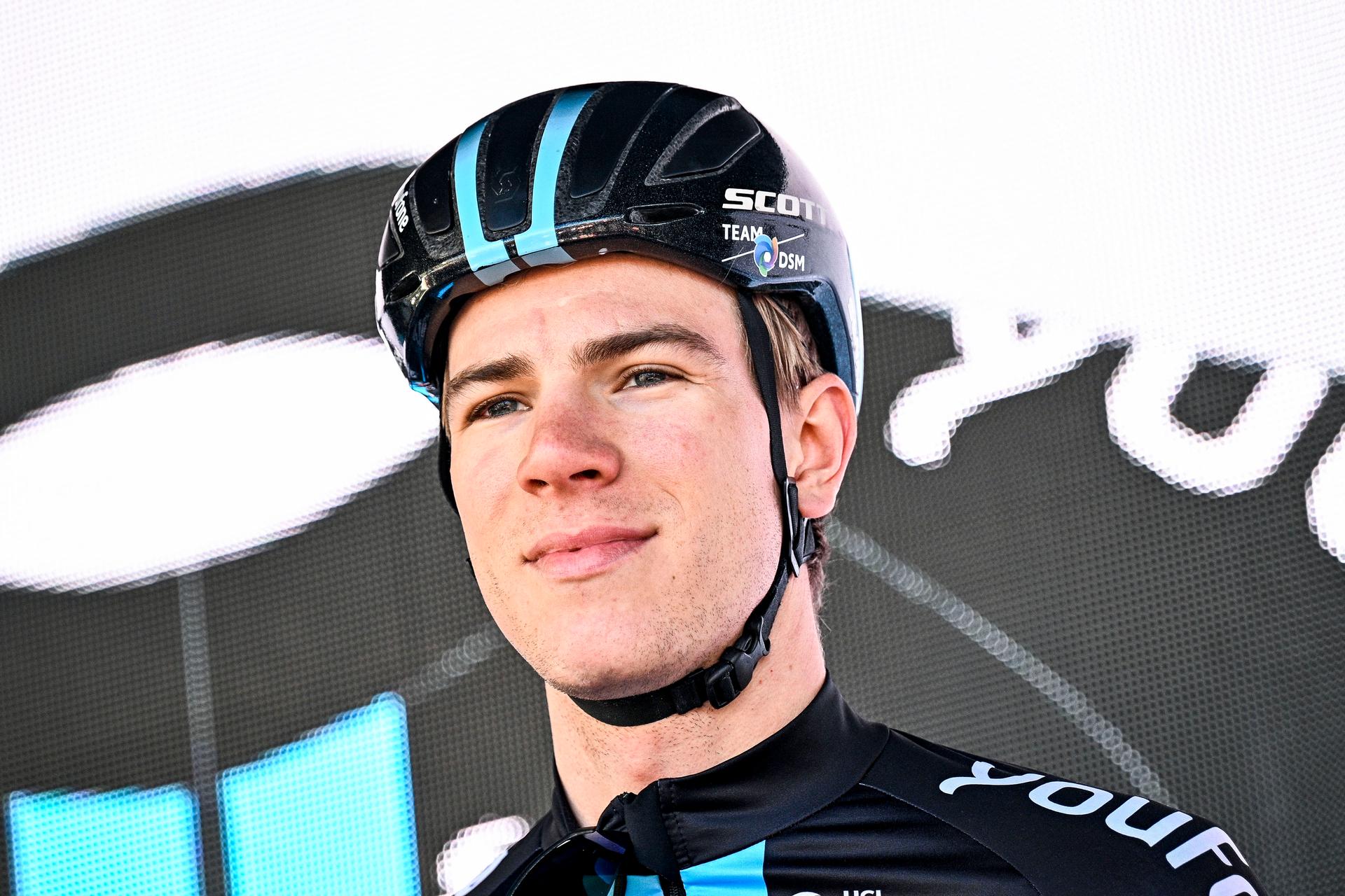 Dutch Nils Eekhoff of Team DSM pictured at the start of the Kuurne-Brussels-Kuurne one day cycling race, 193 km from Kuurne to Kuurne via Brussels, Saturday 25 February 2023. BELGA PHOTO JASPER JACOBS