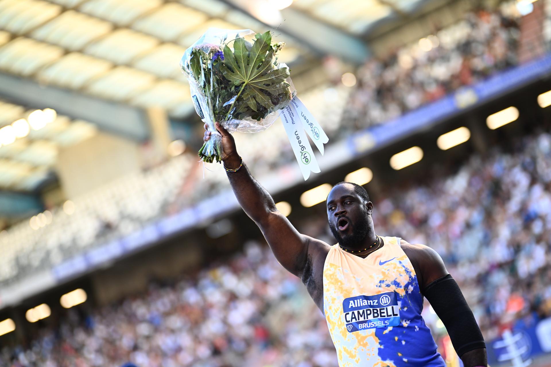 Jamaican Rajindra Campbell celebrates after winning the shot put event at the 50th edition of the Memorial Van Damme Diamond League athletics event in Brussels, Saturday 5 September 2026.  BELGA PHOTO JASPER JACOBS