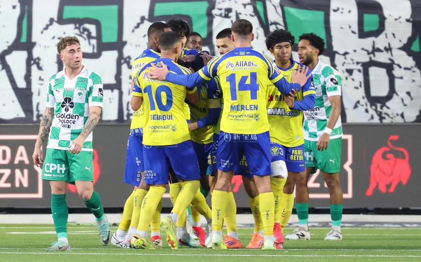 STVV's Shogo Taniguchi celebrates after scoring during a soccer match between RAAL La Louviere and Sint-Truiden VV, Saturday 24 January 2026 in La Louviere, on day 22 of the 2025-2026 'Jupiler Pro League' first division of the Belgian championship. BELGA PHOTO VIRGINIE LEFOUR