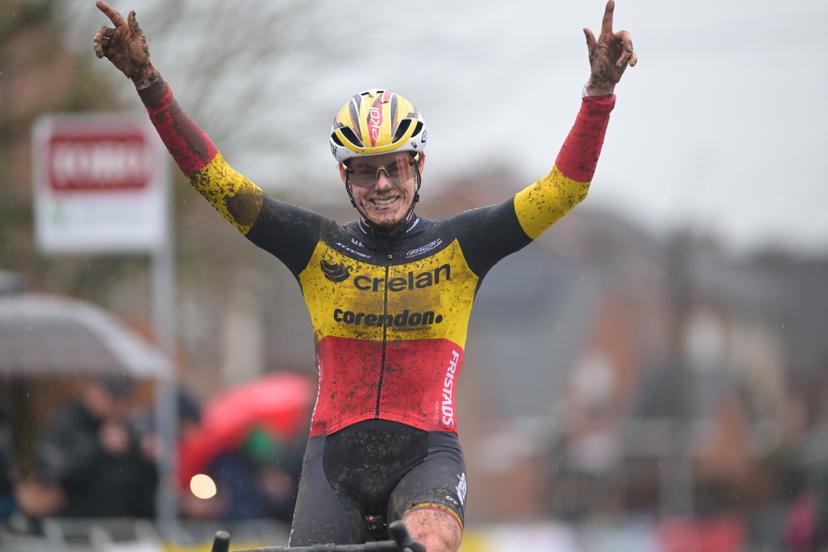 Belgian Marion Norbert Riberolle celebrates as she crosses the finish line to win the women's elite race of the Cyclocross Otegem cycling event, Monday 12 January 2026 in Otegem, the day after the Belgian national cyclocross championships. BELGA PHOTO DAVID PINTENS