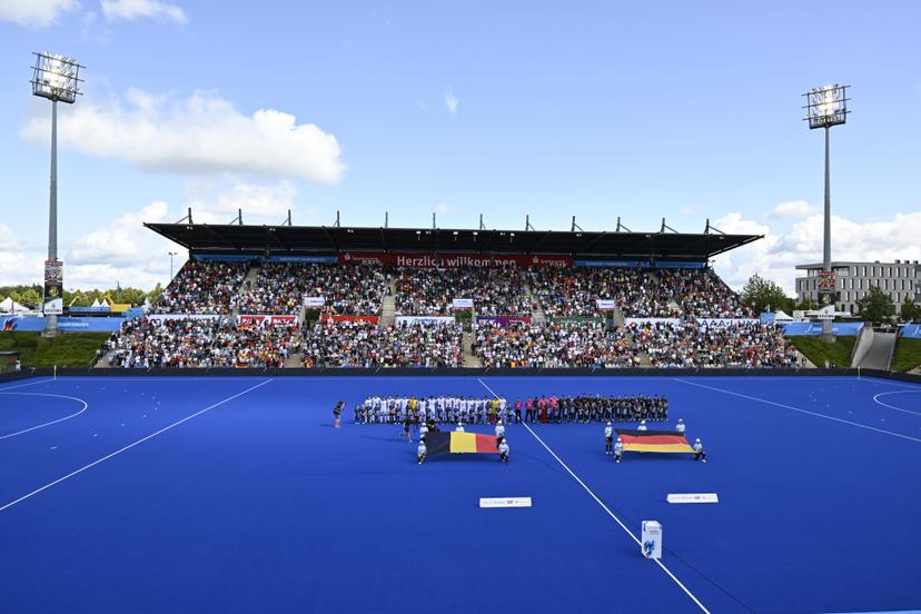 Belgium's players and Germany's players pictured at the start of a hockey game between Belgian national men's hockey team Red Lions and Germany, Sunday 27 August 2023 in Monchengladbach, Germany, the third place match of the men hockey European championships. The EuroHockey championships 2023 take place from 18 August to 27 August 2023.   BELGA PHOTO DIRK WAEM