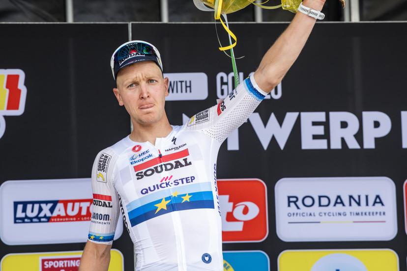 Belgian Tim Merlier of Soudal Quick-Step pictured on the podium after the 'Antwerp Port Epic men's elite one day cycling race, 182 km in and around Antwerp, second race (2/8) in the Lotto Belgium Cup, Sunday 08 June 2025. BELGA PHOTO DAVID PINTENS