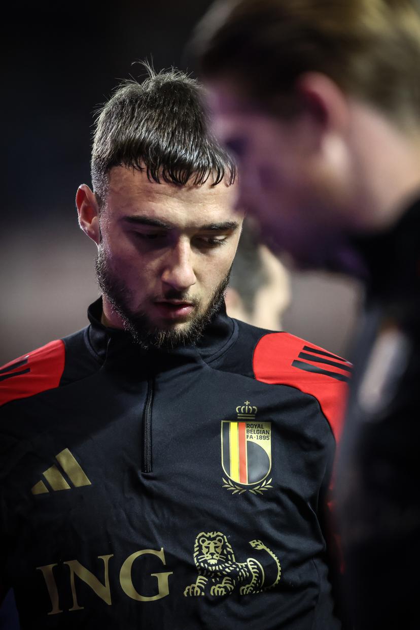 Belgium's Zeno Debast pictured in action during the warming-up for a soccer game between Belgian national team the Red Devils and Ukraine, Sunday 23 March 2025 in Genk, the return leg of the Nations League playoff. Ukraine won the first leg 3-1. BELGA PHOTO BRUNO FAHY