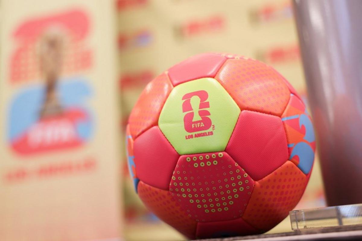 The FIFA 26 Los Angeles logo is displayed on a soccer ball during the Los Angeles World Cup 2026 Host Committee Community and Fan Engagement Press Event at the Los Angeles Memorial Coliseum in Los Angeles, California on January 28, 2026.  Patrick T. Fallon / AFP