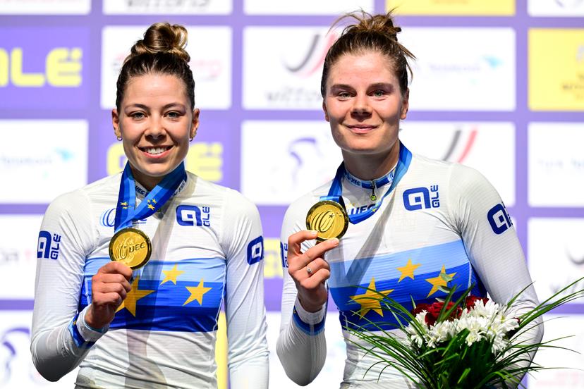 Belgian Shari Bossuyt and Belgian Lotte Kopecky celebrate on the podium after winning the women's Madison final at the fifth and last day of the 2026 UEC Track Elite European Championships, in Konya, Turkey, Thursday 05 February 2026. The European Championships take place from 01 to 05 February 2026. BELGA PHOTO DIRK WAEM