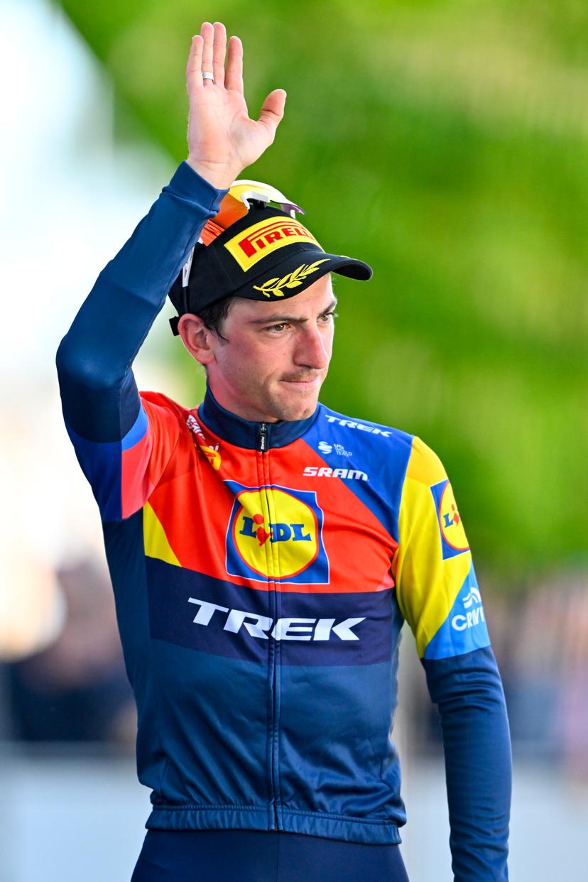 Italian Giulio Ciccone pictured on the podium after the men elite race of the Liege-Bastogne-Liege one day cycling event, 252km from Liege, over Bastogne to Liege, Sunday 27 April 2025. BELGA PHOTO ERIC LALMAND