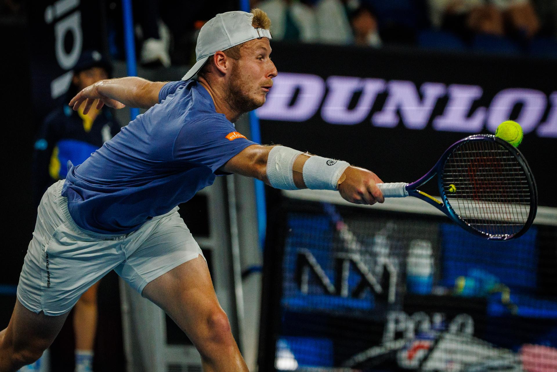 Belgian Gauthier Onclin pictured in action during a men's singles first round game between Belgian Onclin and American Opelka, at the 'Australian Open' Grand Slam tennis tournament, Sunday 12 January 2025 in Melbourne Park, Melbourne, Australia. The 2025 edition of the Australian Grand Slam takes place from January 12th to January 26th. BELGA PHOTO PATRICK HAMILTON